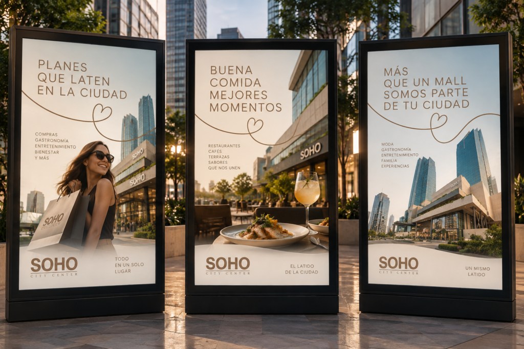 Tres mupis de SOHO Mall con la campaña «Planes que laten en la ciudad»