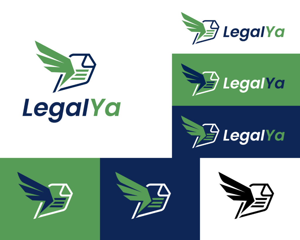 Sistema de logotipo de LegalYa en versiones de color, blanco y negro