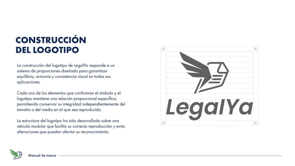 Página del manual de marca de LegalYa: construcción del logotipo