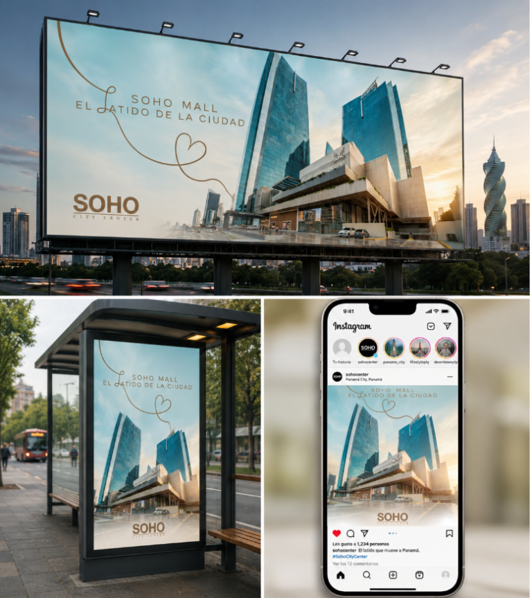 Valla, parada de bus y redes con la campaña de SOHO Mall